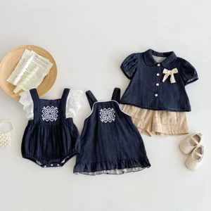 Conjunto ropa verano niña bebé dulce bordado floral azul marino mameluco vestido top corto