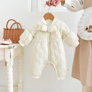 Infant cute winter baby padded fleece jumpsuit with bow and embroidery, warm baby girl romper.