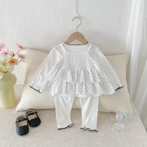 Charming sweet baby girl polka dot layered strap vest and leggings three-piece set, detailed view.