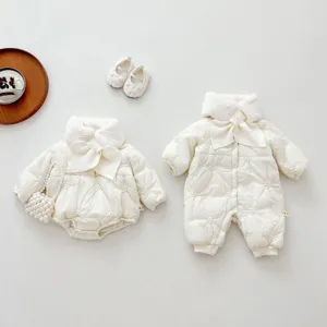 Infant Baby Girls Winter Thickened Cotton Padded Jumpsuit Sweet Floral Embossed Plush Collar Long Sleeve Romper Outwear