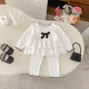 Sweet polka dot camisole 3-piece set for baby girls, featuring autumn ribbed top and leggings.