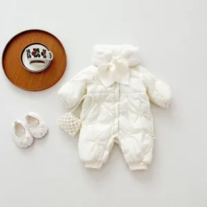 Infant baby winter cotton romper set, cute white floral quilted snowsuit with plush collar and bag.