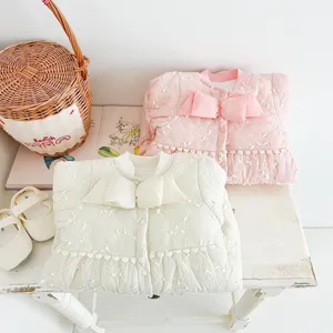 Cute winter baby padded jacket with lace embroidery and bowknot for infant girls daily outdoor wear