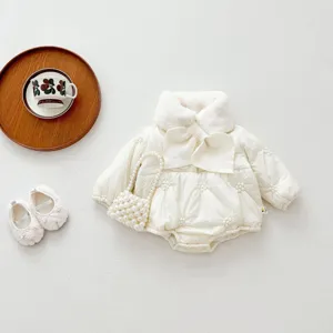 Baby winter thick romper set cream white fleece collar cute infant warm snow suit outfit