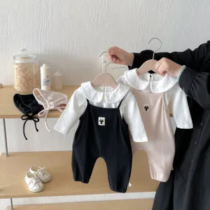 Infant baby girl boy overall set with white collared shirt cute cat patch toddler clothing