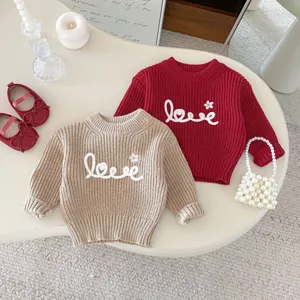 Cute toddler girls crew neck knit sweater with love embroidery, warm autumn baby top.