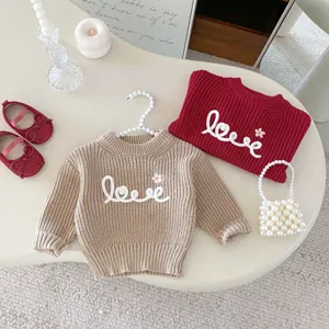 Cute girls crewneck knit sweater with love embroidery, stylish autumn winter kids pullover top.