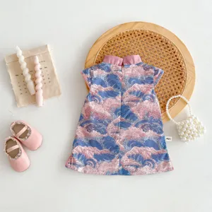 Summer baby girl Chinese style cheongsam dress, cute wave pattern short sleeve princess dress.