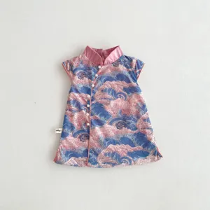 Detailed view of summer baby girls qipao dress, wave print, stand collar, delicate pearl buttons.