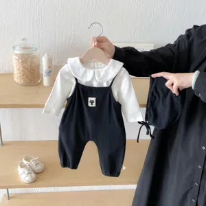 Infant autumn baby clothes set long sleeve romper overalls with cute cat hat for newborn boys and girls.