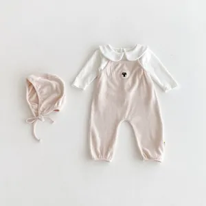 Cute baby corduroy romper set with long sleeve blouse and matching bonnet for infant autumn.