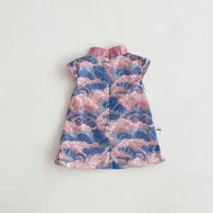 Summer toddler girl Chinese style cheongsam dress details, cute pink blue wave pattern.
