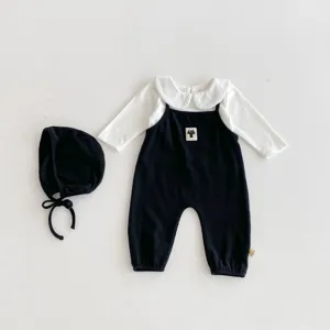 Korean style baby autumn long sleeve blouse romper and cute hat set for infants boys and girls