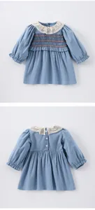 Abito a maniche lunghe per bambina colletto in pizzo arricciato carino vestito autunnale
