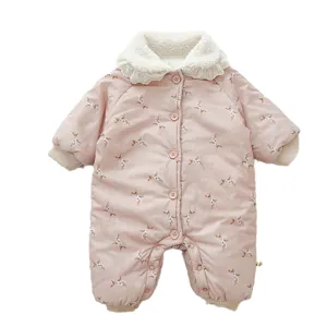 Cute baby winter padded jumpsuit with floral print, fleece collar and buttons for warmth.