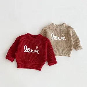 Toddler girls cute round neck knit sweater with letter embroidery for warm autumn.