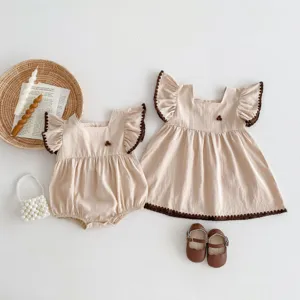 Summer newborn baby girl romper and cute toddler princess dress set with brown ruffle details.