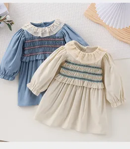 Bambina neonata abito principessa maniche lunghe colletto bambola pizzo vestiti smock
