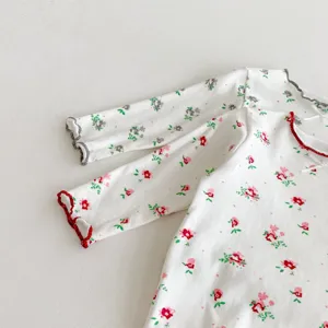 Kids long sleeve floral pajama top, cute lettuce trim knit shirt, soft children home wear.