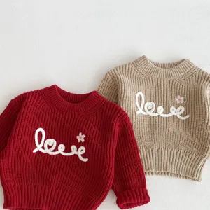 Details of toddler girls knit sweater featuring cute love embroidery and cozy long sleeves.