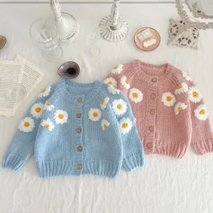 Baby Girls Cute Handmade Daisy Floral Knitted Cardigan Sweater Long Sleeve Toddler Infant Button Down Knit Outerwear Top