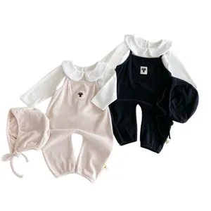 Baby autumn long sleeve romper set with doll collar straps hat infant toddler clothing