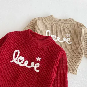 Girls crew neck knit sweater cute autumn pullover with love embroidery warm top kids clothing