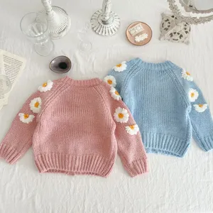 Infant baby knitted cardigan sweater with cute daisy floral embroidery long sleeve top.