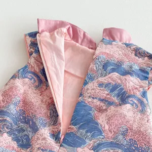 Close-up detail of girls summer qipao dress pink blue wave print fabric zipper collar