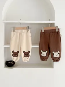 Peuter casual broek met schattige beren borduurwerk, zacht katoen met elastische taille.