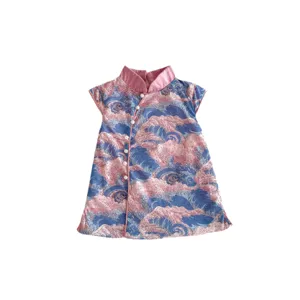 Girls Chinese style qipao dress summer pink wave pattern traditional toddler princess dress