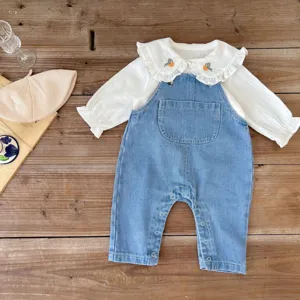 Baby girl denim overalls set with white ruffled collar long sleeve blouse cute autumn infant outfit