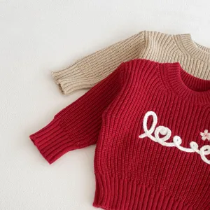 Children knitted sweater for girls, cute round neck pullover with letter embroidery top.