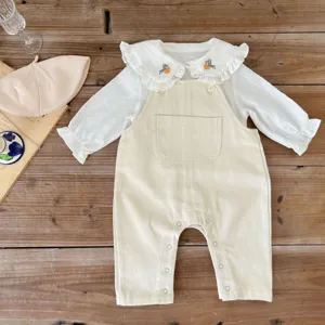 Baby corduroy overalls set with cute embroidered collar blouse for autumn toddler daily wear