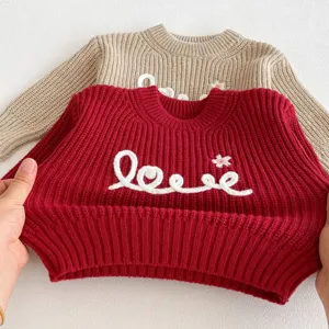 Girls crewneck knit pullover sweater with cute letter embroidery, warm toddler top.