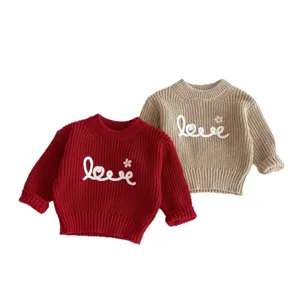 Cute toddler girls knit sweater with love embroidery, cozy crewneck winter pullover top.