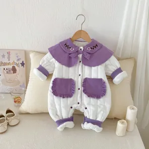 Infant Baby Girls Winter Thickened Cotton Romper Cute Floral Embroidery Lapel Long Sleeve Padded One-Piece Jumpsuit