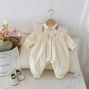 Neonato Bambina Stile Cinese Hanfu Tutina Carino Collo con Volant Manica Lunga Cotone Intero Primavera Autunno Bodysuit
