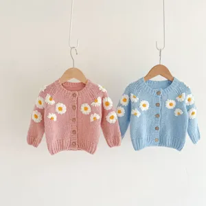 Baby knit cardigan with cute daisy embroidery, long sleeve toddler sweater, soft autumn top.