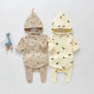 Süßes Baby Strampler Set Langarm Jumpsuit mit bequemen Fußhosen und spitzer Mütze 3-teilig neu