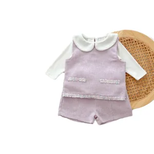 Ensemble de tweed pour bébés filles haut manches longues et gilet short violet élégant