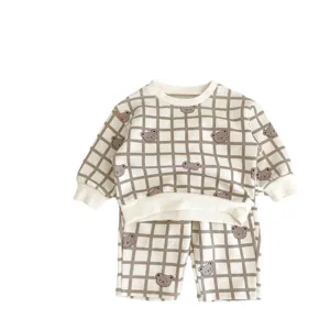 Conjunto de sudadera y pantalón a cuadros de oso lindo para bebé ropa casual nueva