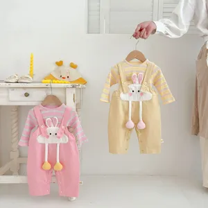 Toddler Baby Girls Casual Cotton Two Piece Set Cute Cartoon Rabbit Suspender Pants And Long Sleeve Striped Top Outfit