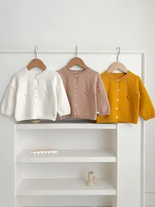 Infant Baby Knit Cardigan Solid Color Long Sleeve Single-Breasted Sweater Cute Pom Pom Toddler Boy Girl Fall Winter Outerwear