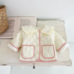 Baby quilted winter jacket with sweet ruffled collar and pink trim for little girls.