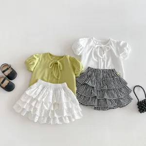 Baby girls summer clothing set puff sleeve top and tiered cake skirt, sweet infant toddler outfit.