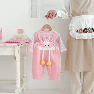 Baby girls cute cartoon rabbit overalls two-piece set autumn infant clothing detail view.