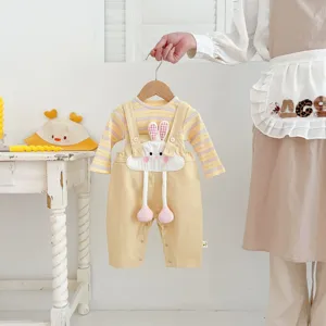 Cute baby girl autumn two piece set long sleeve striped top and cartoon rabbit overalls outfit