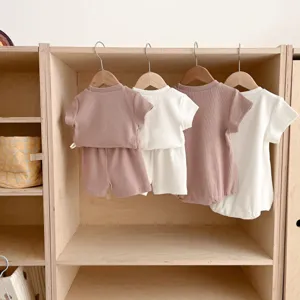 Baby cotton ribbed short sleeve t-shirt and shorts set for newborn summer daily wear.