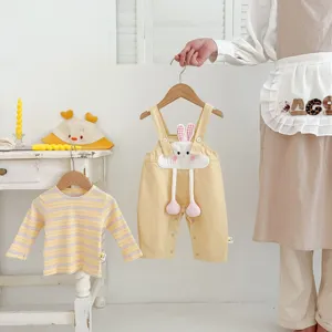 Cute baby girl autumn cartoon rabbit overalls set detail view showcasing soft fabric and cute design.